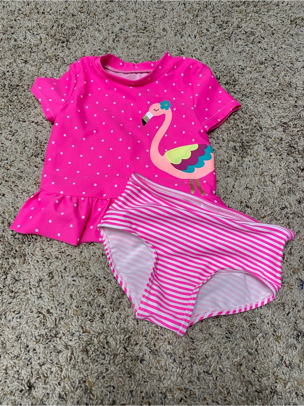 Flamingo bathing suit girls 18 months stripes polka dot pink ruffle 2 piece set